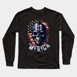 Merica Skull with American Flag Long Sleeve T-Shirt